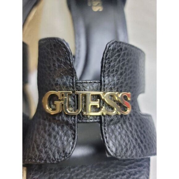 Guess Womens Black Espadrille-Style Wedge Sandals Raffia Sole Gold Logo Sz 10M - Picture 6 of 13